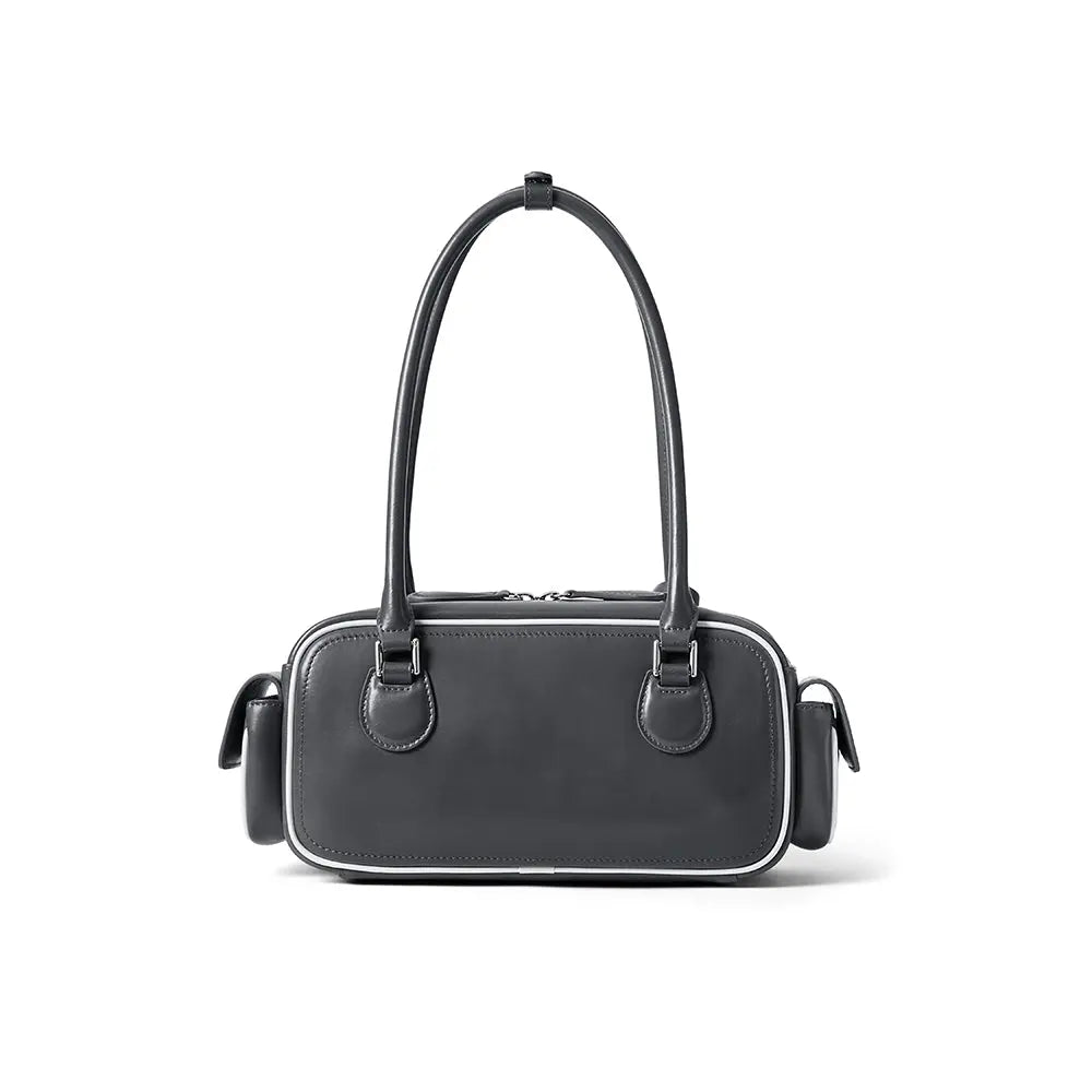Sleek black rectangular handbag with long double straps, minimalist design, Amazing Song official