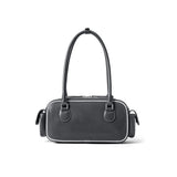 Sleek black rectangular handbag with long double straps, minimalist design, Amazing Song official