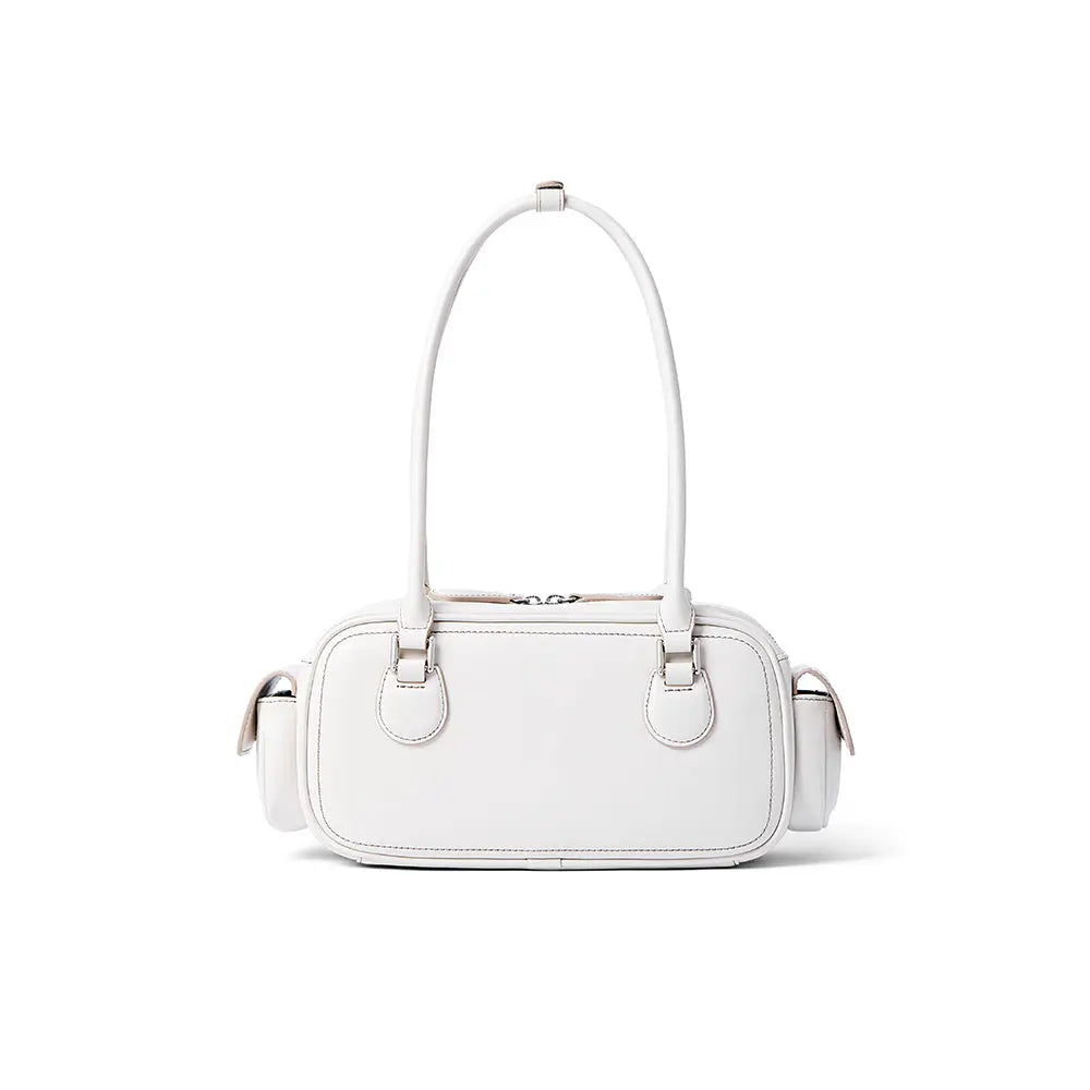 White rectangular handbag with double straps and side pockets on white background, Amazing Song