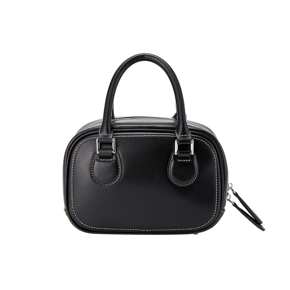 Black leather handbag with double handles and white stitching, Amazing Song official store