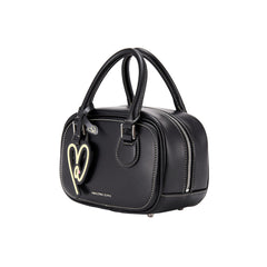 Amazing Song black leather handbag with heart keychain and double handles