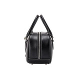 Side view of a black leather handbag with white stitching and silver zipper, Amazing Song