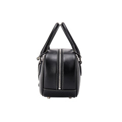 Side view of a black leather handbag with white stitching and silver zipper, Amazing Song