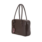 Amazing Song brown leather tote bag with pink heart charm and double handles