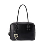 Amazing Song black leather handbag with gold heart charm and double top handles