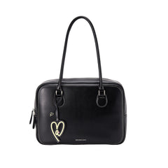 Amazing Song black leather handbag with gold heart charm and double top handles