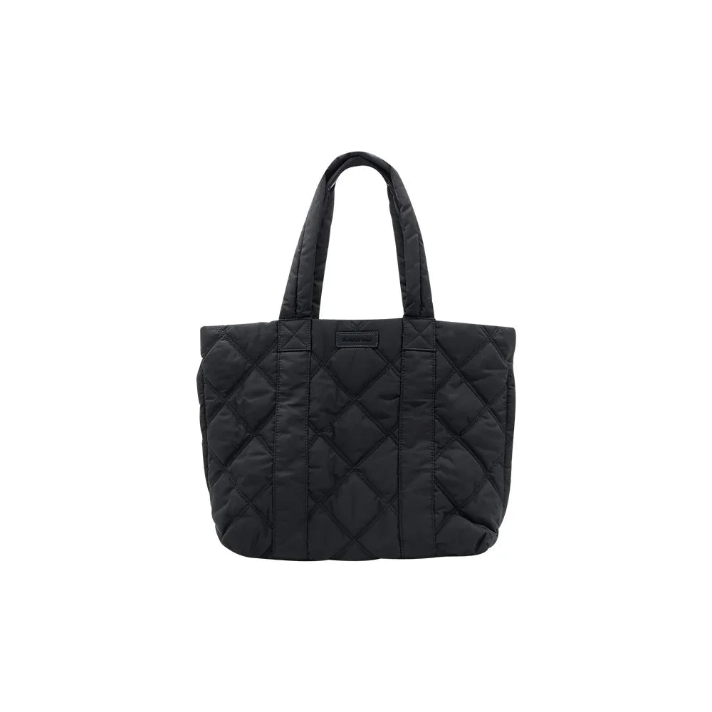 Black quilted tote bag with double handles, product photo on Amazing Song official website