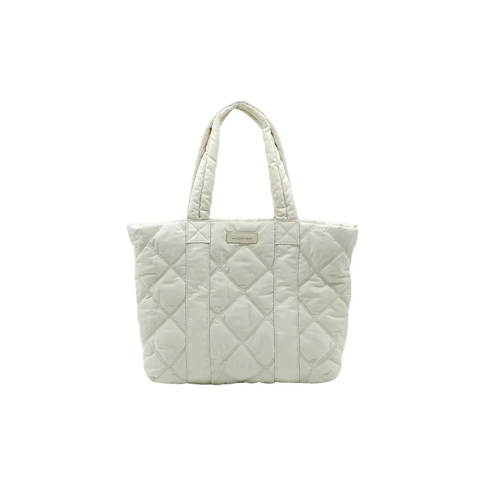 Amazing Song quilted white tote bag with handles on white background