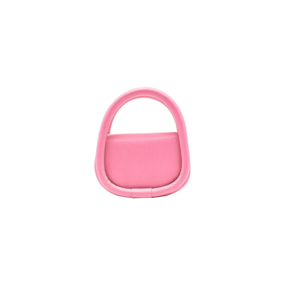 Pink mini handbag with rounded handle, modern design on white background