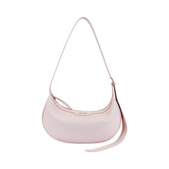 Light pink leather shoulder bag with adjustable strap on white background