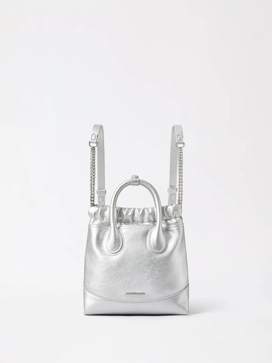 Small slouchy hobo backpack in soft beige with a matte synthetic finish and a single top zip