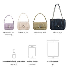 Four stylish handbags in purple, beige, khaki, and black with size and carrying style guide from Amazing Song.