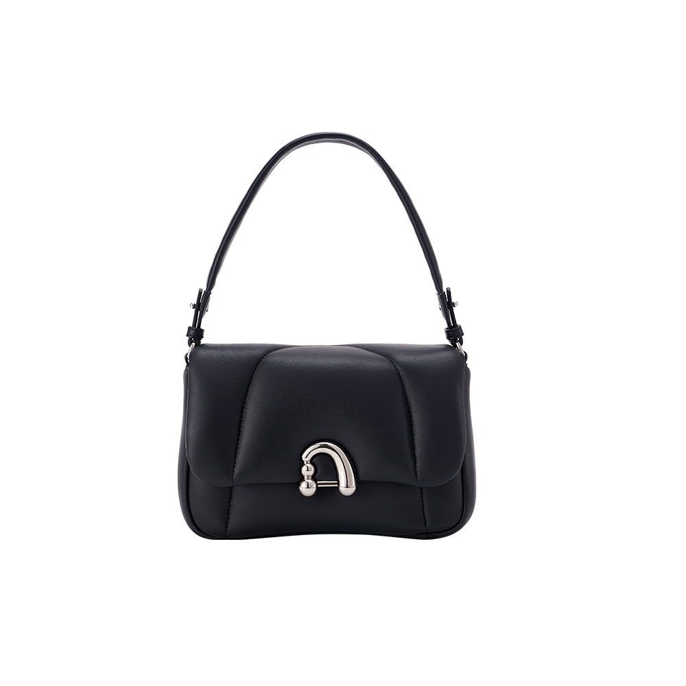 Black leather handbag with silver clasp on white background, Amazing Song fashion accessory
