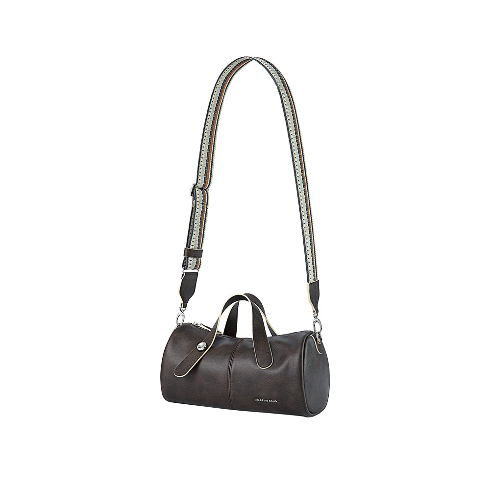 Amazing Song dark brown leather duffle bag with striped adjustable shoulder strap