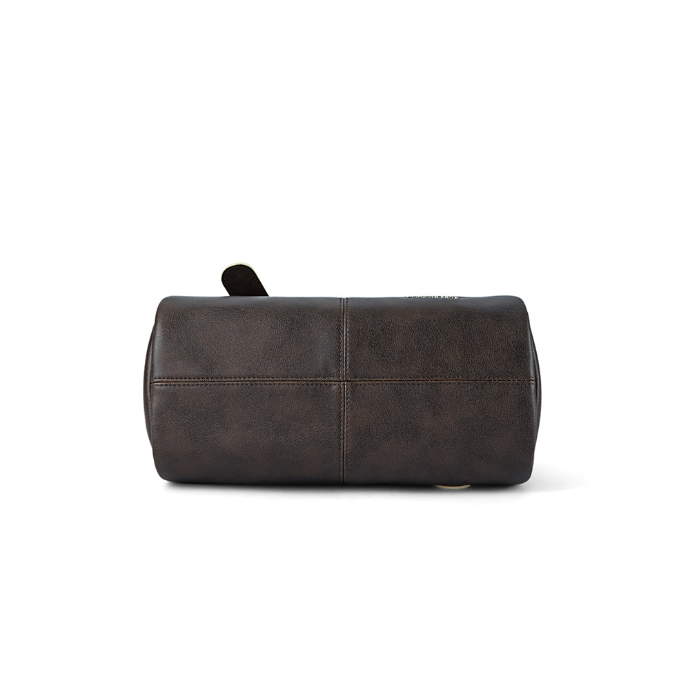 Dark brown leather cylindrical bag with stitching, Amazing Song official product photo