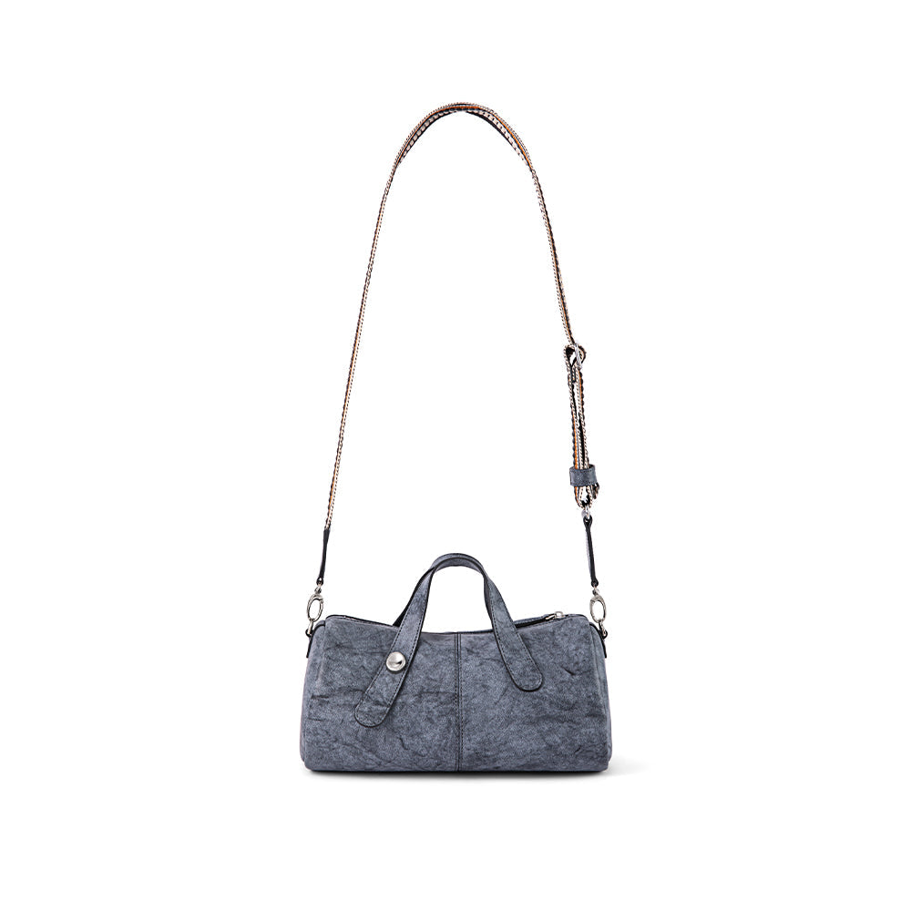 Gray textured handbag with long strap and button detail, Amazing Song official website