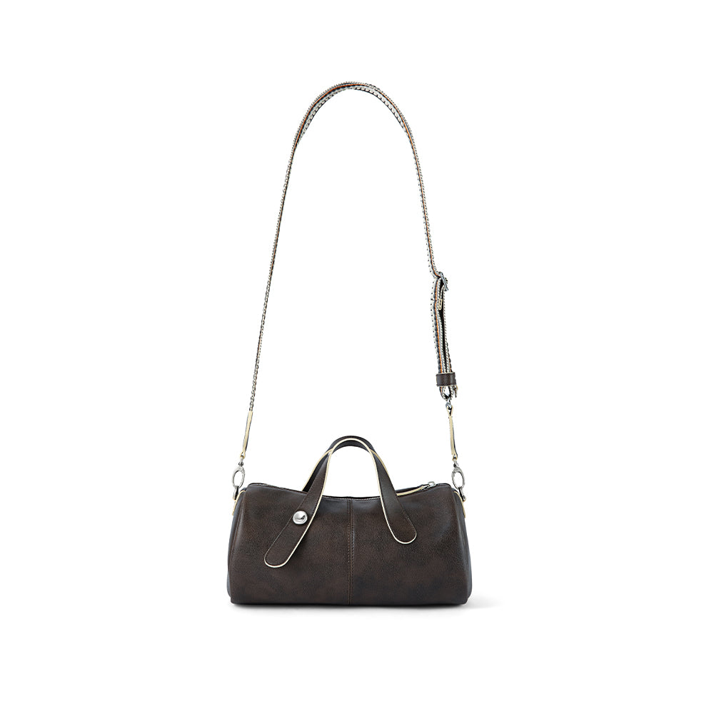 Dark brown leather shoulder bag with chain strap on white background, Amazing Song