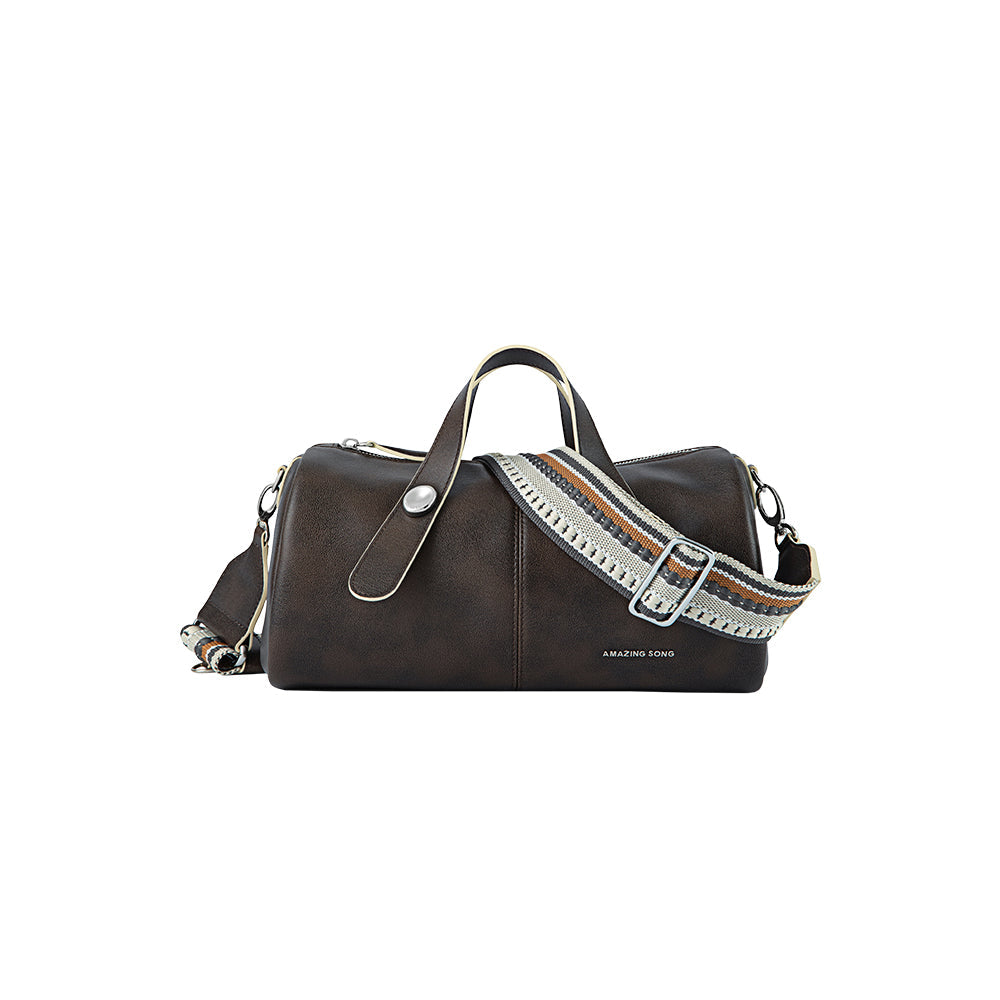 Amazing Song brown duffel bag with patterned adjustable strap on white background