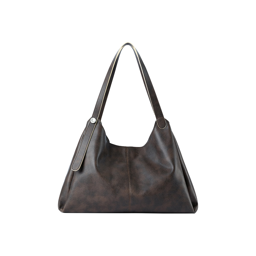 Dark brown leather shoulder bag with wide strap, displayed on white background