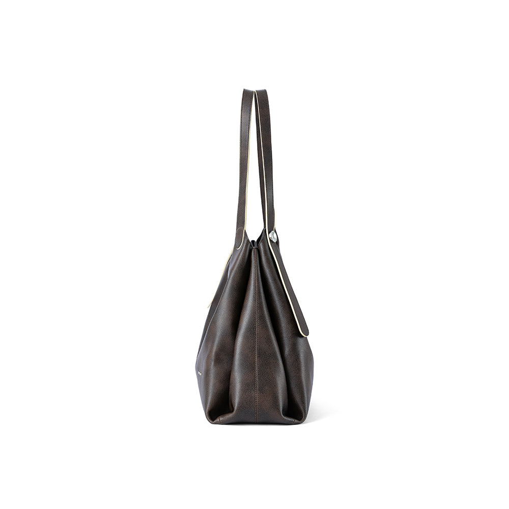 Dark brown leather tote bag side view, Amazing Song official website product image