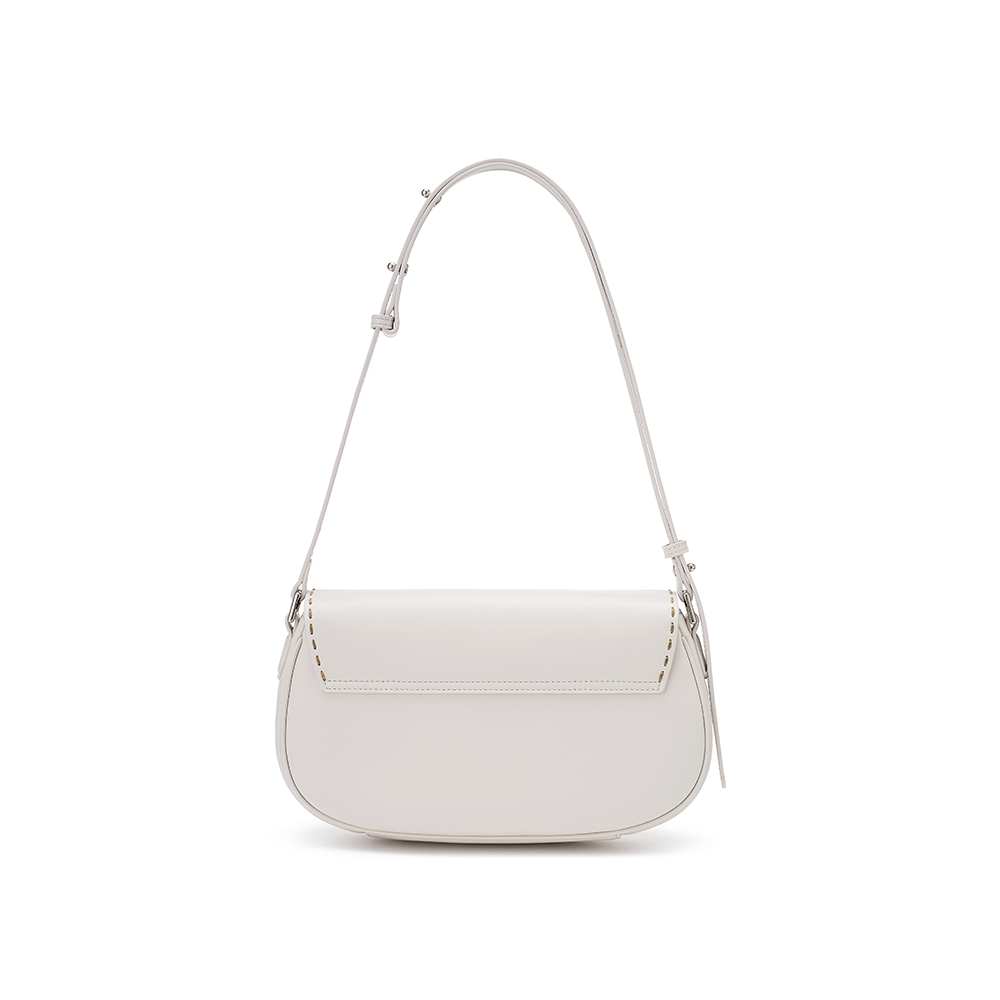 Minimalist white shoulder bag with adjustable strap, displayed on Amazing Song official website