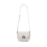 White leather shoulder bag with metal clasp and contrast stitching on white background