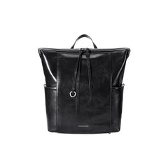 Amazing Song black leather backpack with front pockets and zipper, minimalist design