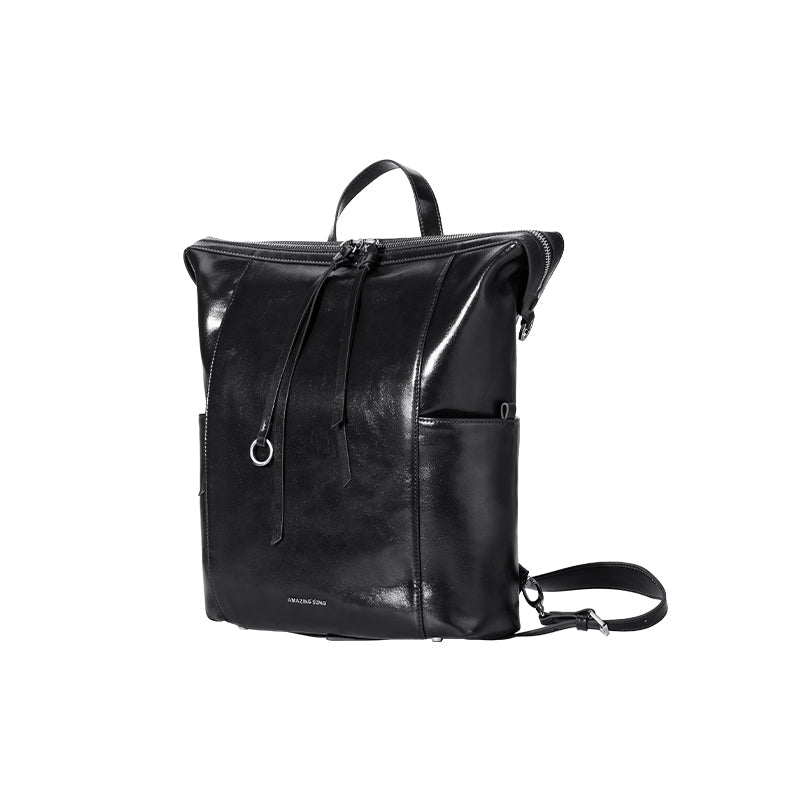 Amazing Song glossy black leather backpack with top handle and side pockets