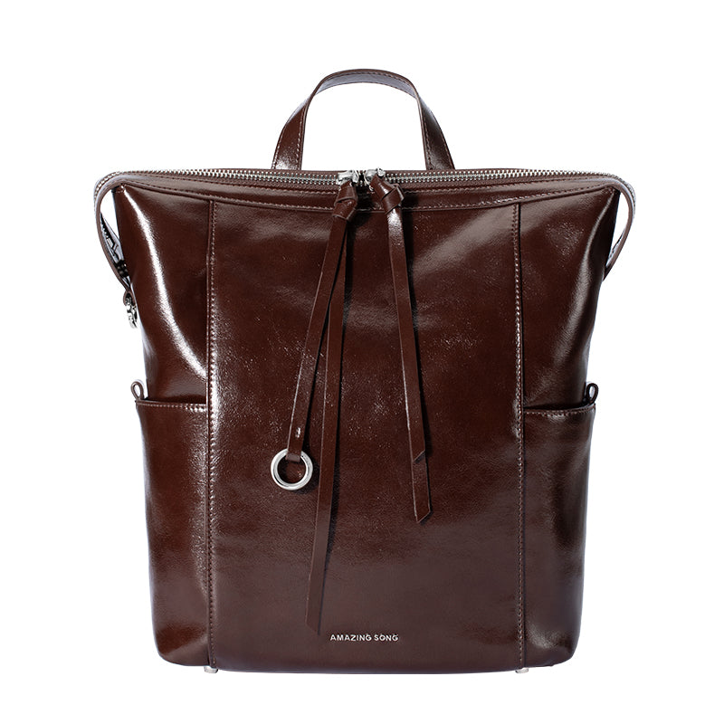 Amazing Song dark brown leather backpack with zipper and front ring accent