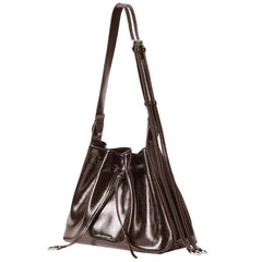 Shiny brown leather bucket bag with drawstring and shoulder strap, Amazing Song accessories