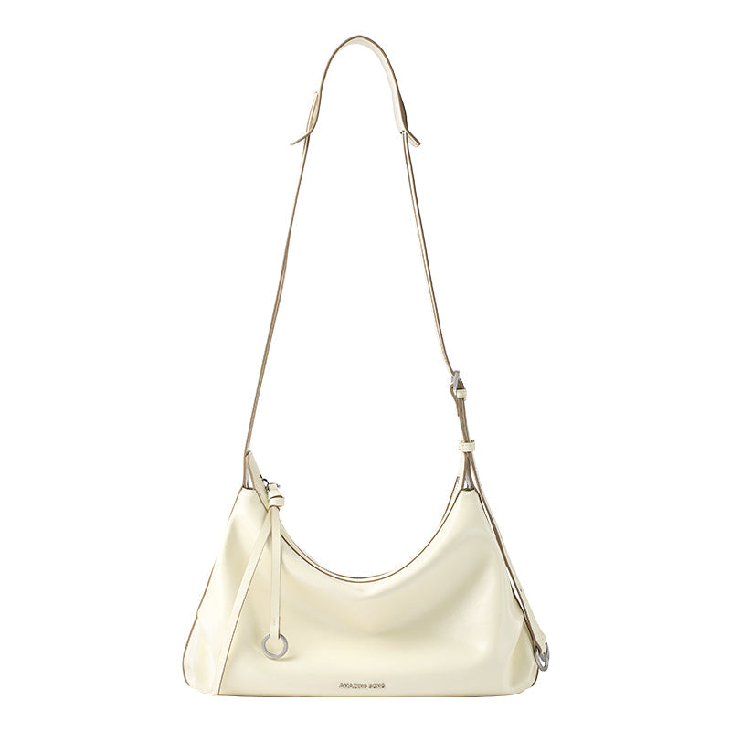 Cream shoulder bag with adjustable strap, silver hardware, Amazing Song branding