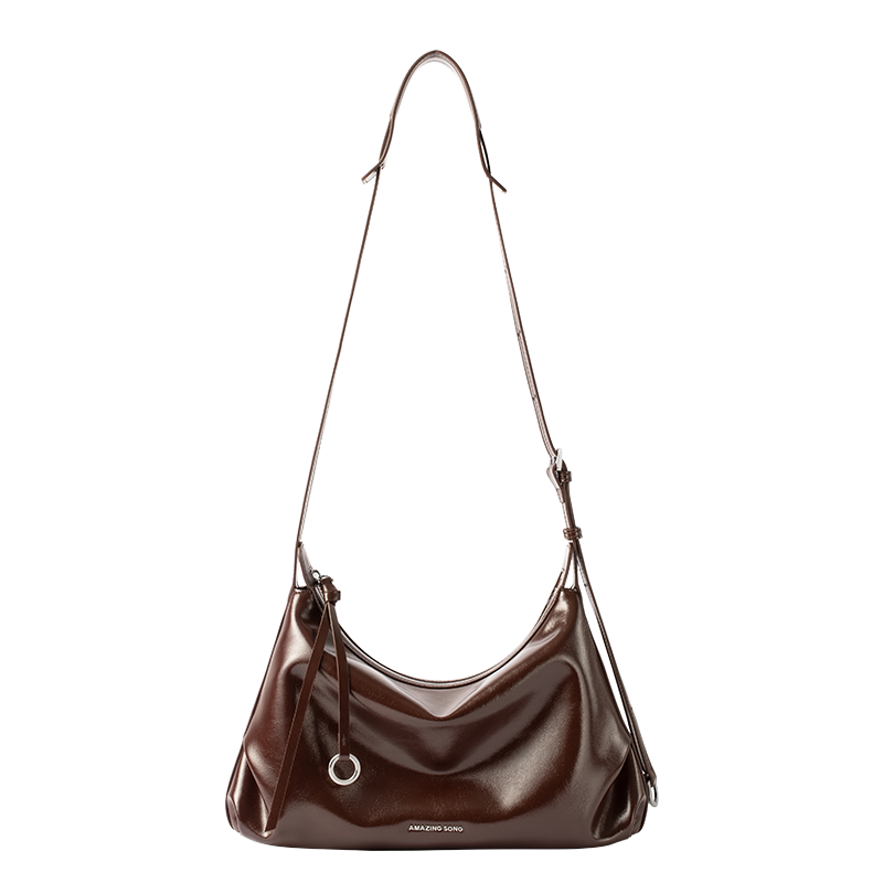 Amazing Song brown leather shoulder bag with long adjustable strap and silver ring detail