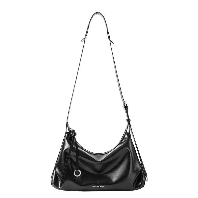 Amazing Song black leather shoulder bag with silver ring detail and adjustable strap