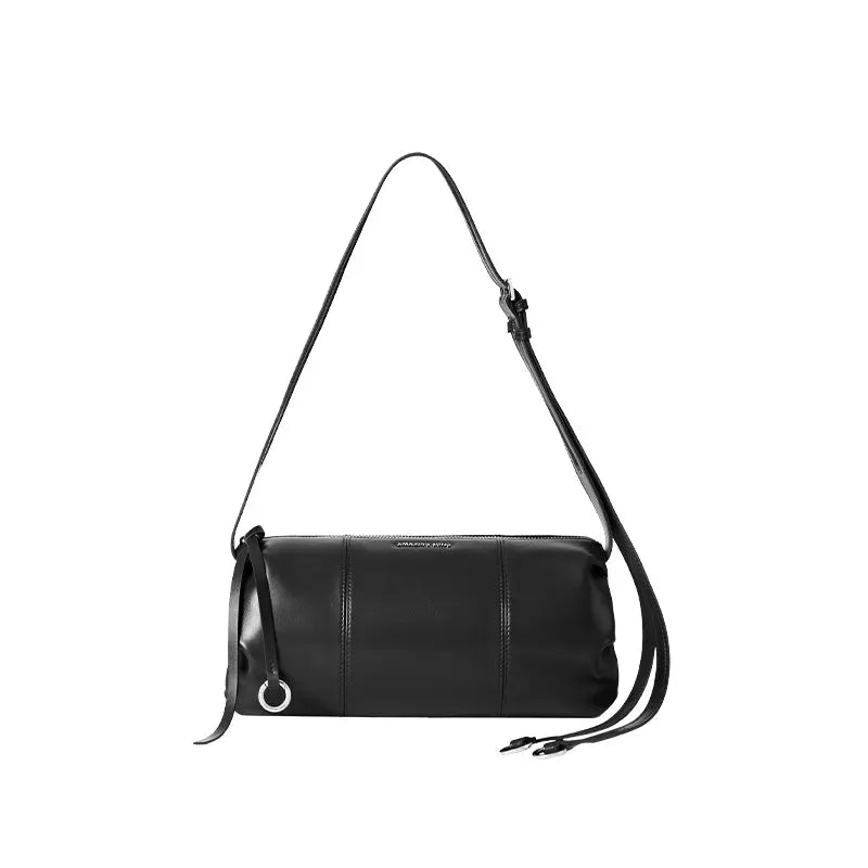 Black leather shoulder bag with silver ring detail, minimalist design, Amazing Song