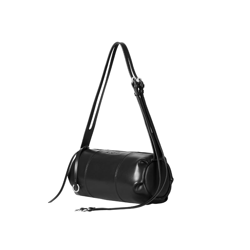 Black leather cylinder shoulder bag with adjustable strap, Amazing Song official website