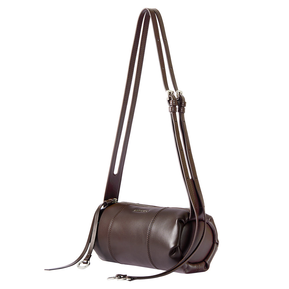 Amazing Song dark brown leather cylinder shoulder bag with adjustable double straps