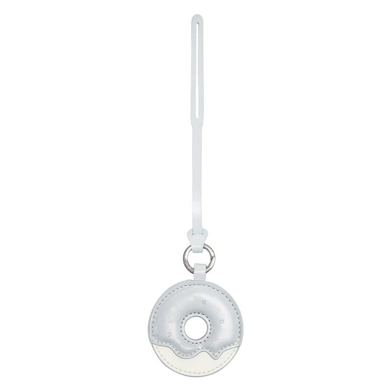 Light grey donut-shaped keychain with strap on white background, Amazing Song accessory.
