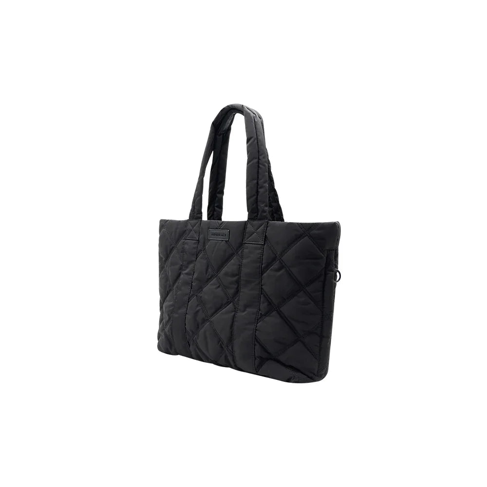 Black quilted tote bag with double handles, Amazing Song branding, isolated on white background