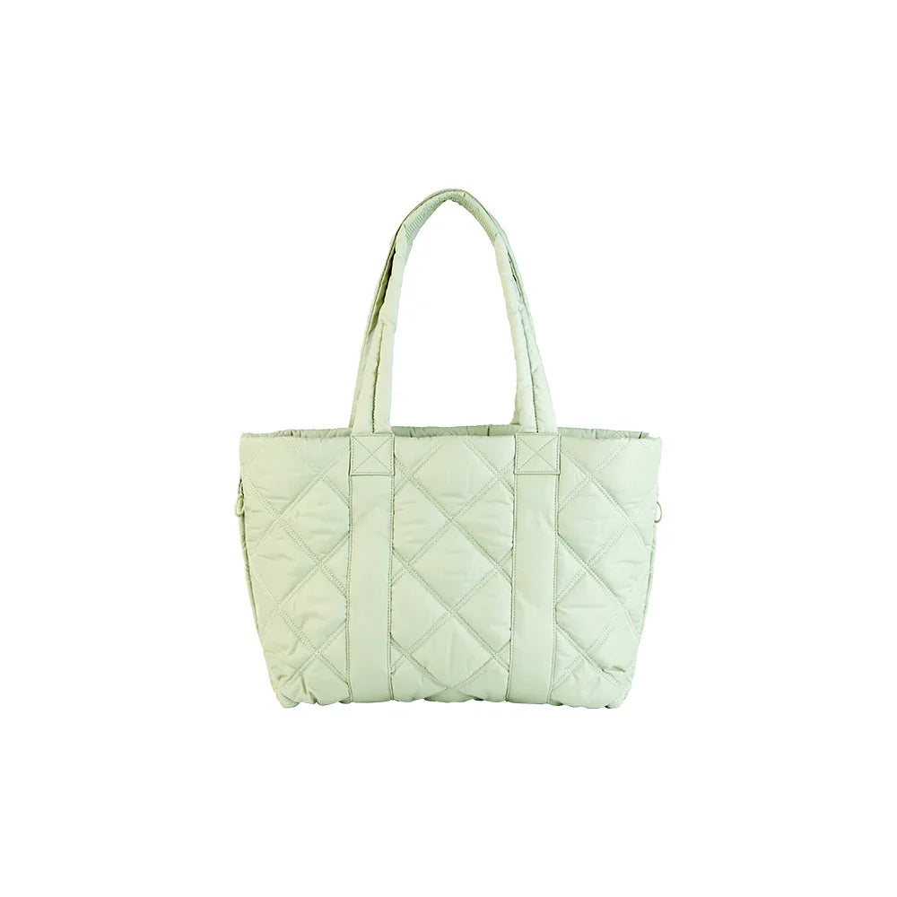 Light green quilted tote bag with double handles, product on white background