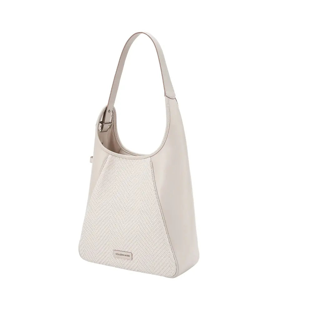 Elegant cream leather handbag with textured front, Amazing Song accessory on white background
