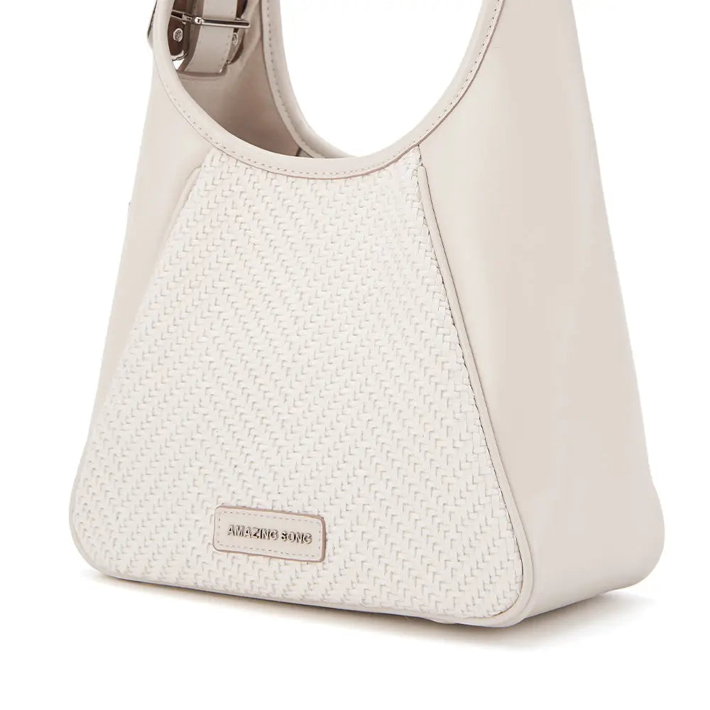 Amazing Song cream woven texture shoulder bag with leather trim and logo plaque