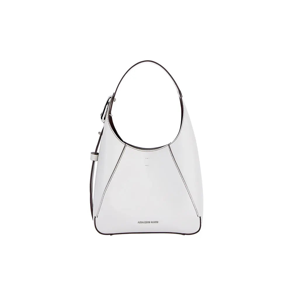 Amazing Song white leather handbag with top handle, minimalist design on white background