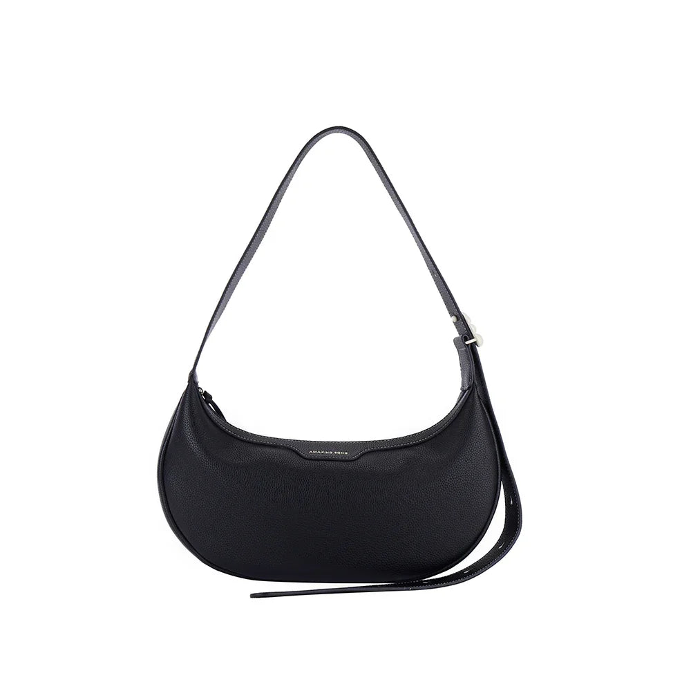 Amazing Song black crescent shoulder bag with adjustable strap on white background