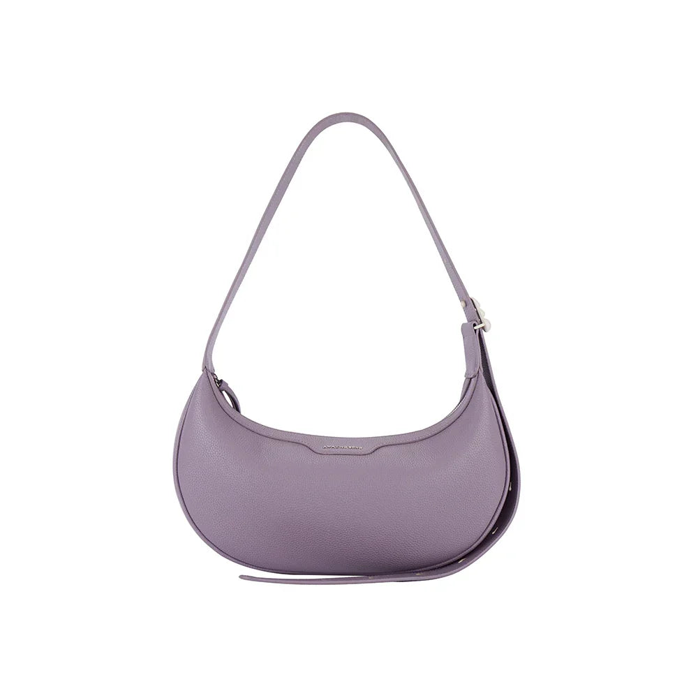 Purple leather shoulder bag with curved design on white background, Amazing Song