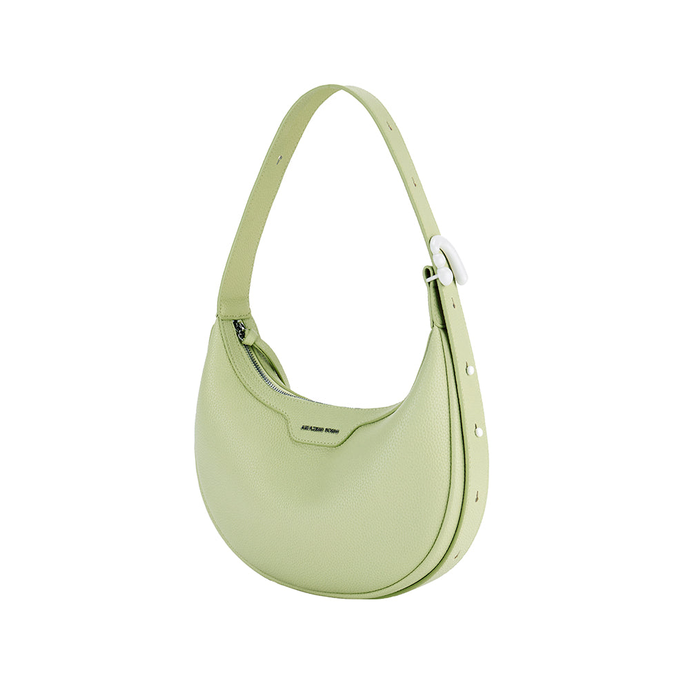 Light green crescent shoulder bag with zipper, Amazing Song logo on front, white buckle accent