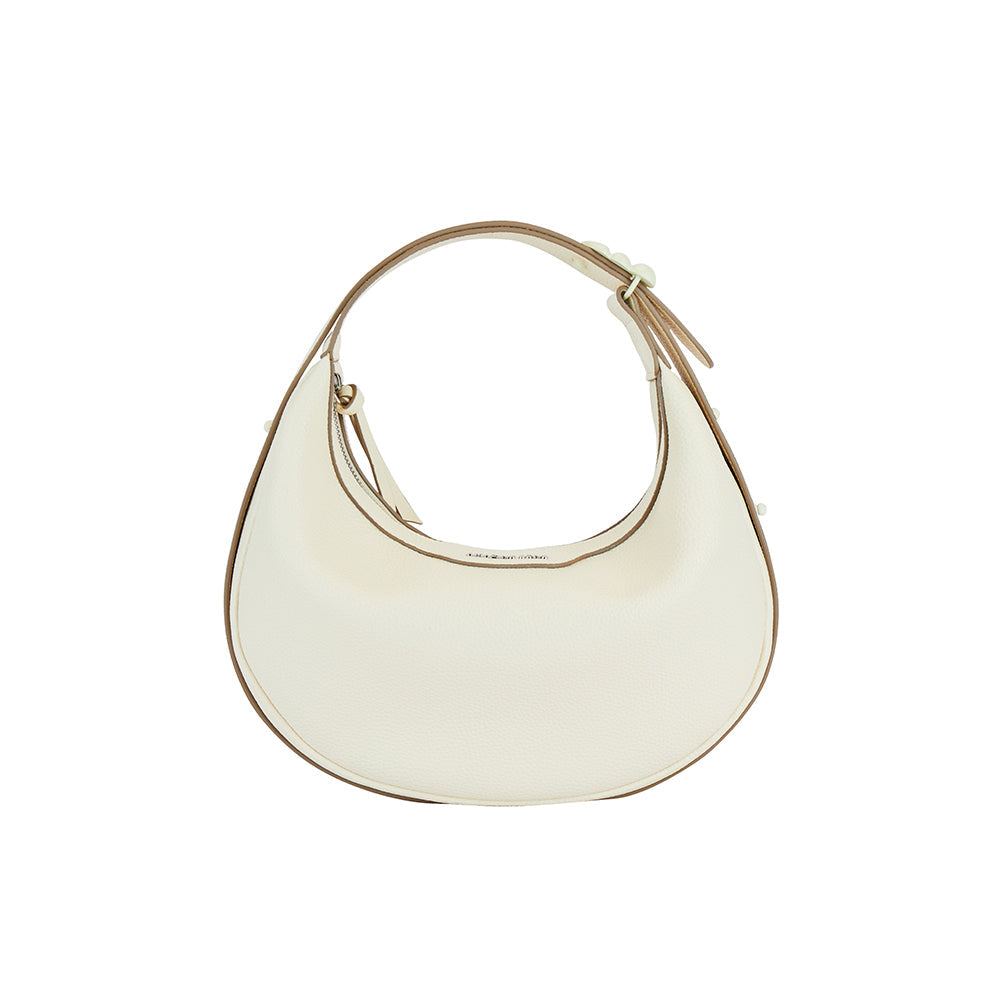 White crescent shoulder bag with textured leather, featured on Amazing Song official website