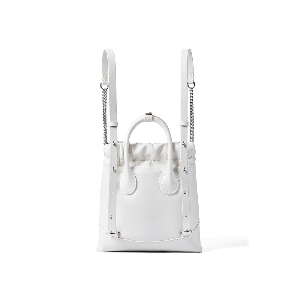White leather bucket bag with dual top handles and chain straps, Amazing Song official website