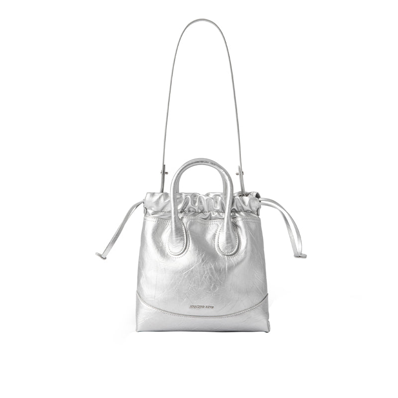 Silver metallic drawstring handbag with top handles, Amazing Song official website product