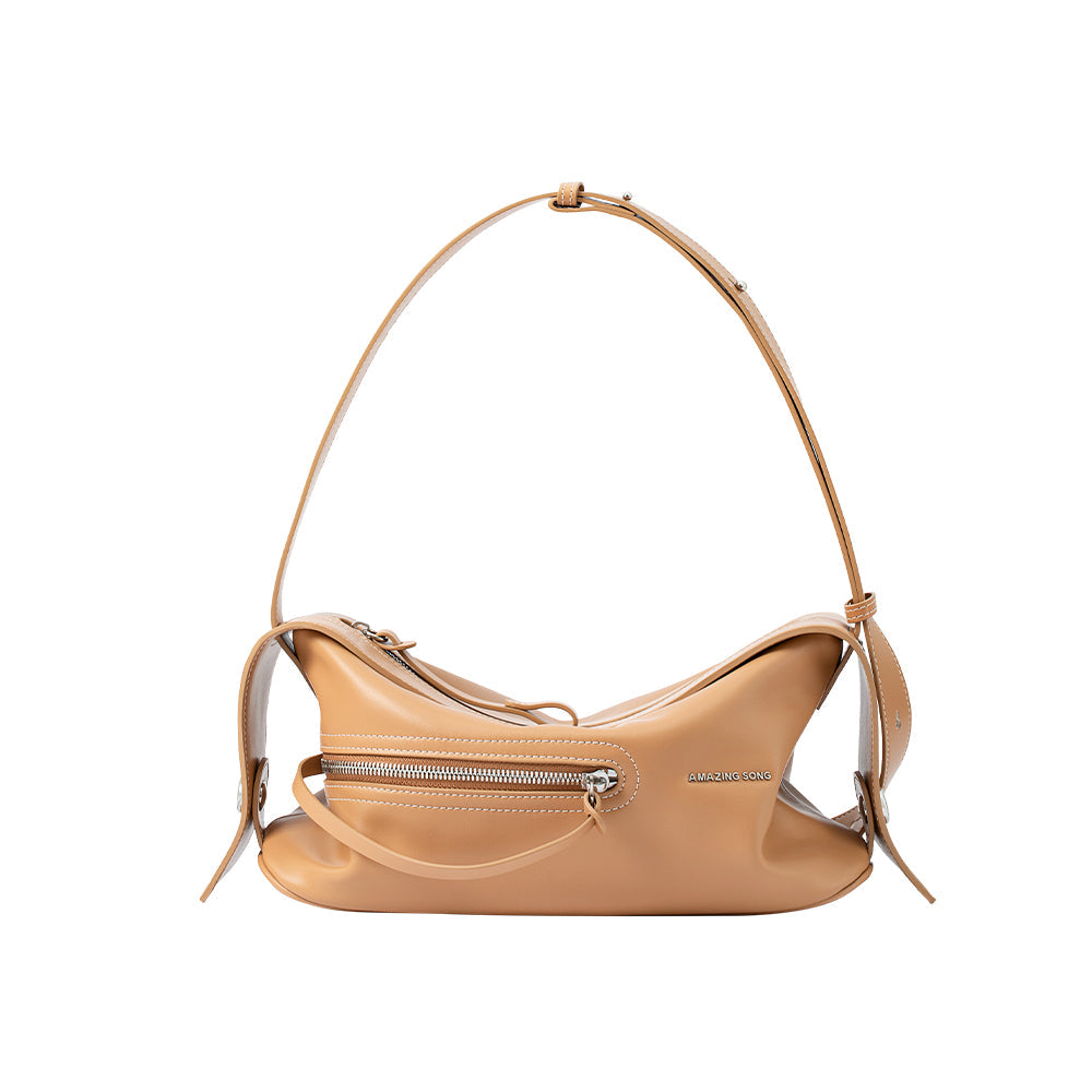 Amazing Song tan leather shoulder bag with zipper pocket and adjustable strap