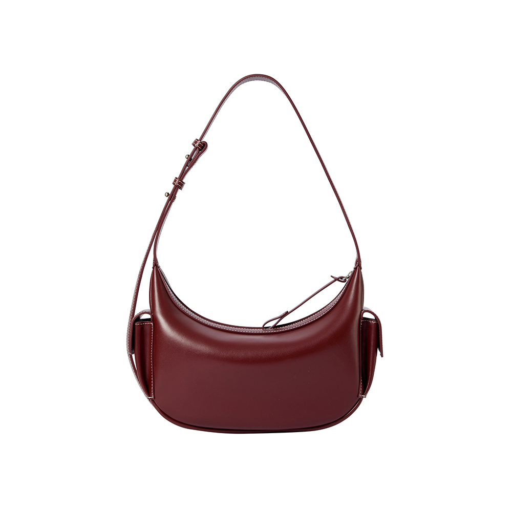 Maroon leather shoulder bag with adjustable strap, featured on Amazing Song official website